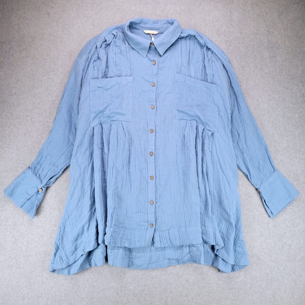 Free People Voyager Shirtdress Women Small Blue Cotton Gauze Oversized Button